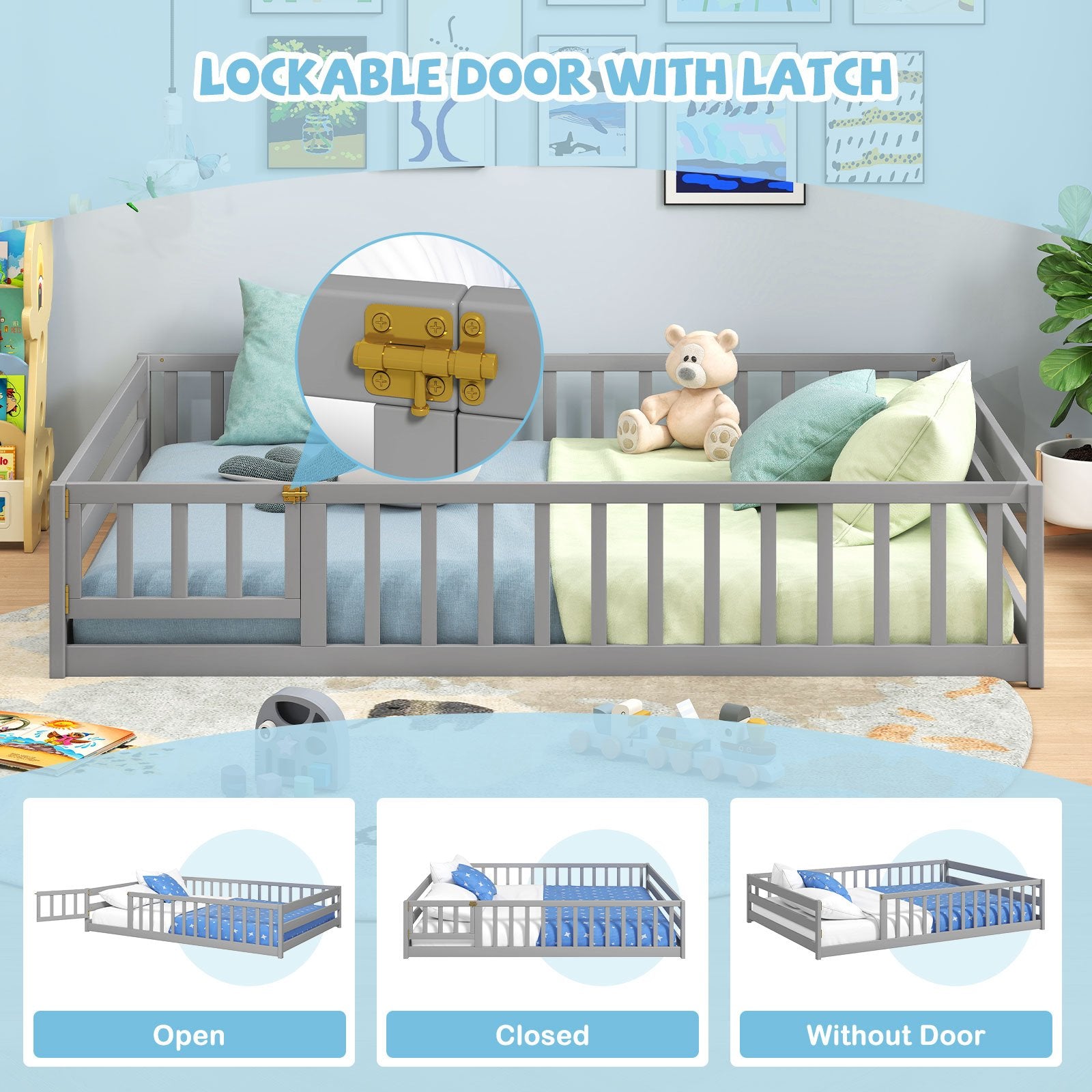 Full Size Floor Bed with Full Length Safety Guardrails, Gray Toddler Beds at Gallery Canada