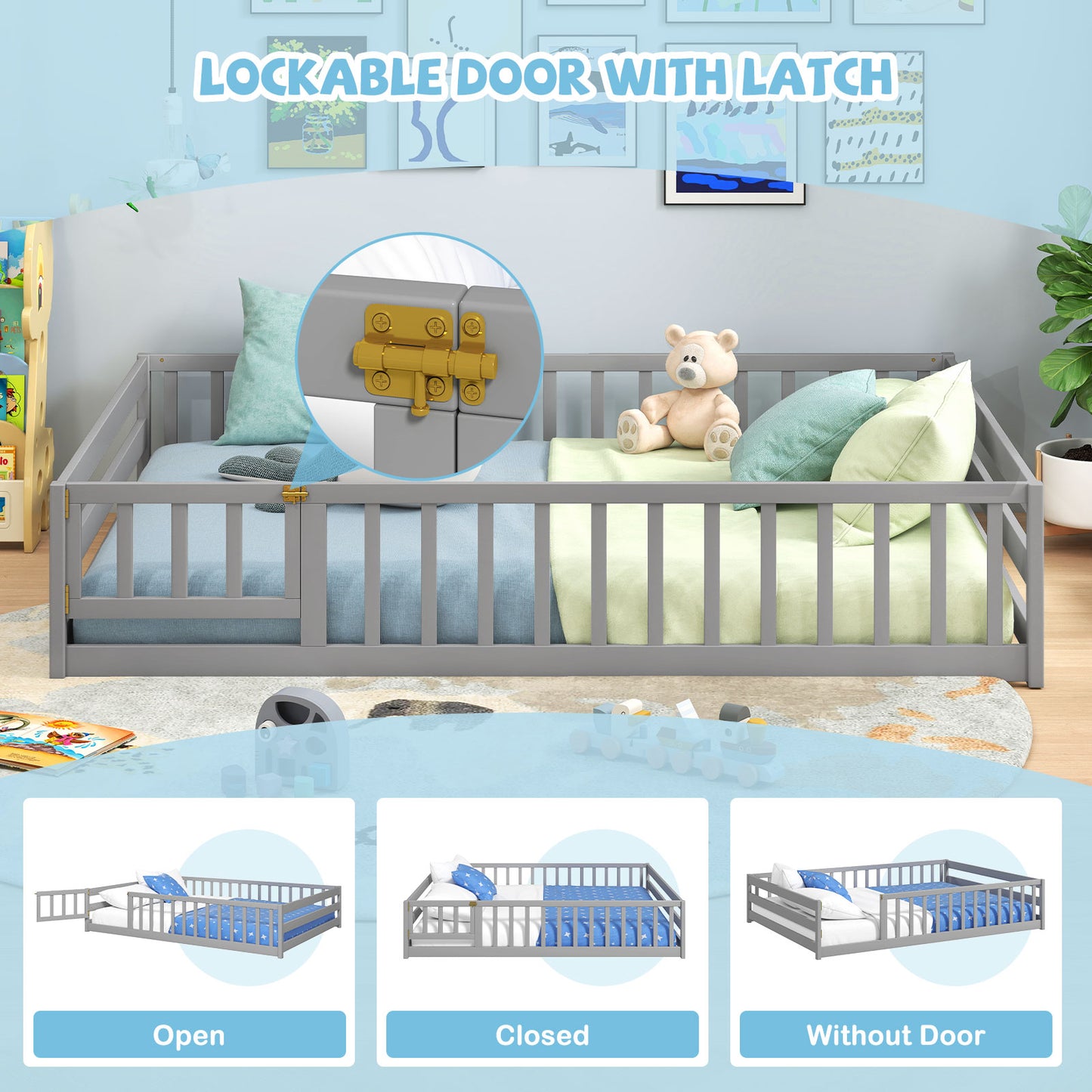 Full Size Floor Bed, Full Length Safety Guardrails, Gray Toddler Beds at Gallery Canada
