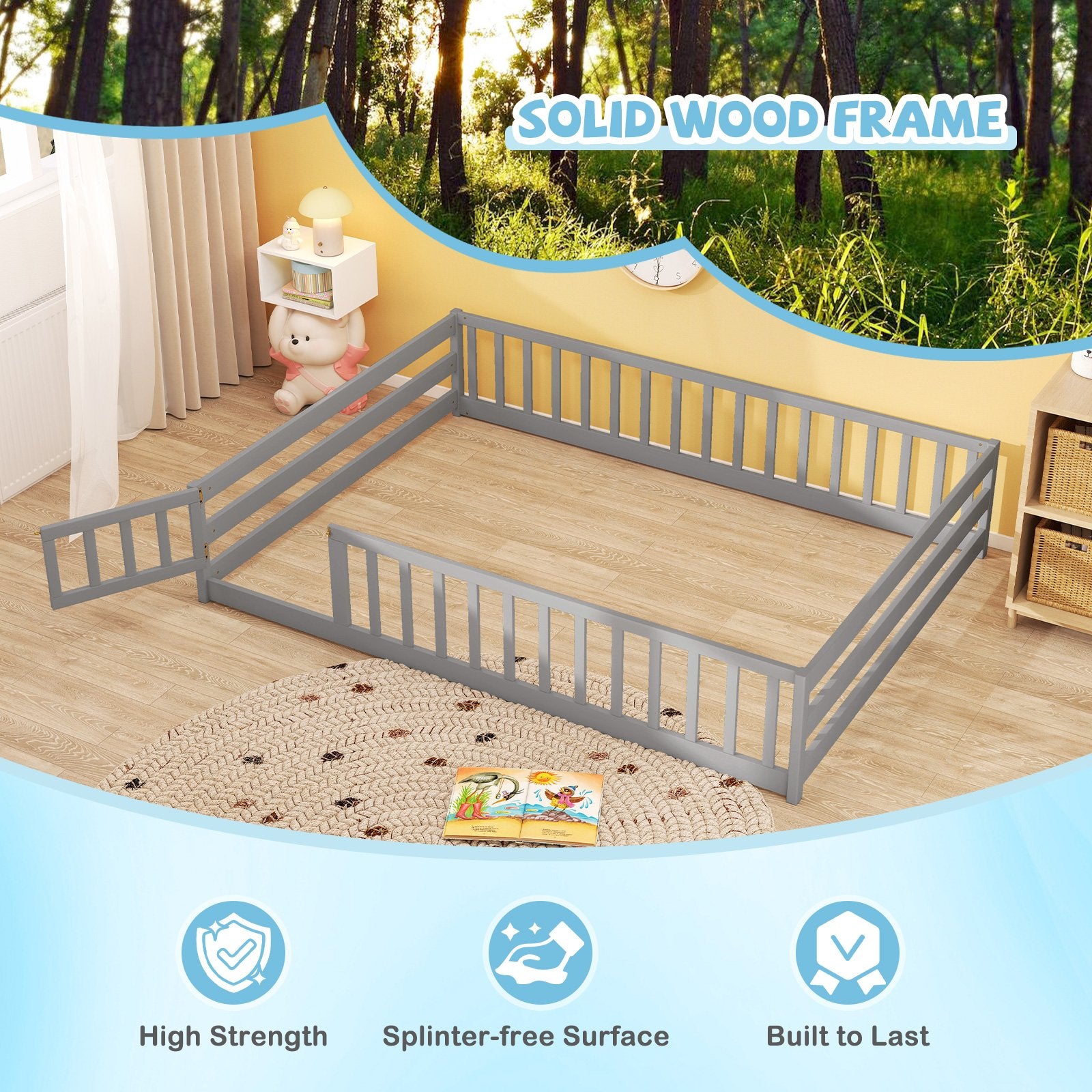 Full Size Floor Bed with Full Length Safety Guardrails, Gray Toddler Beds at Gallery Canada
