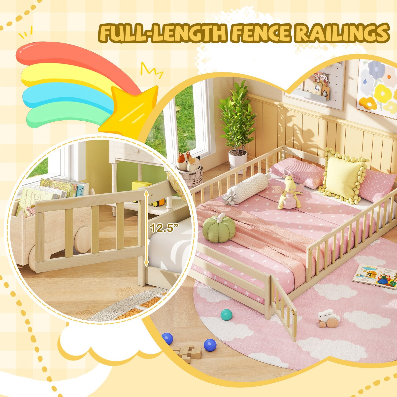 Full Size Floor Bed with Full Length Safety Guardrails, Natural Toddler Beds at Gallery Canada