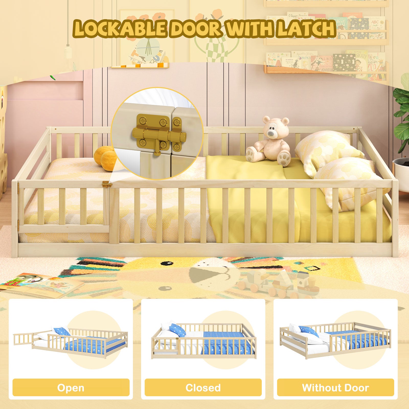 Full Size Floor Bed with Full Length Safety Guardrails, Natural Toddler Beds at Gallery Canada