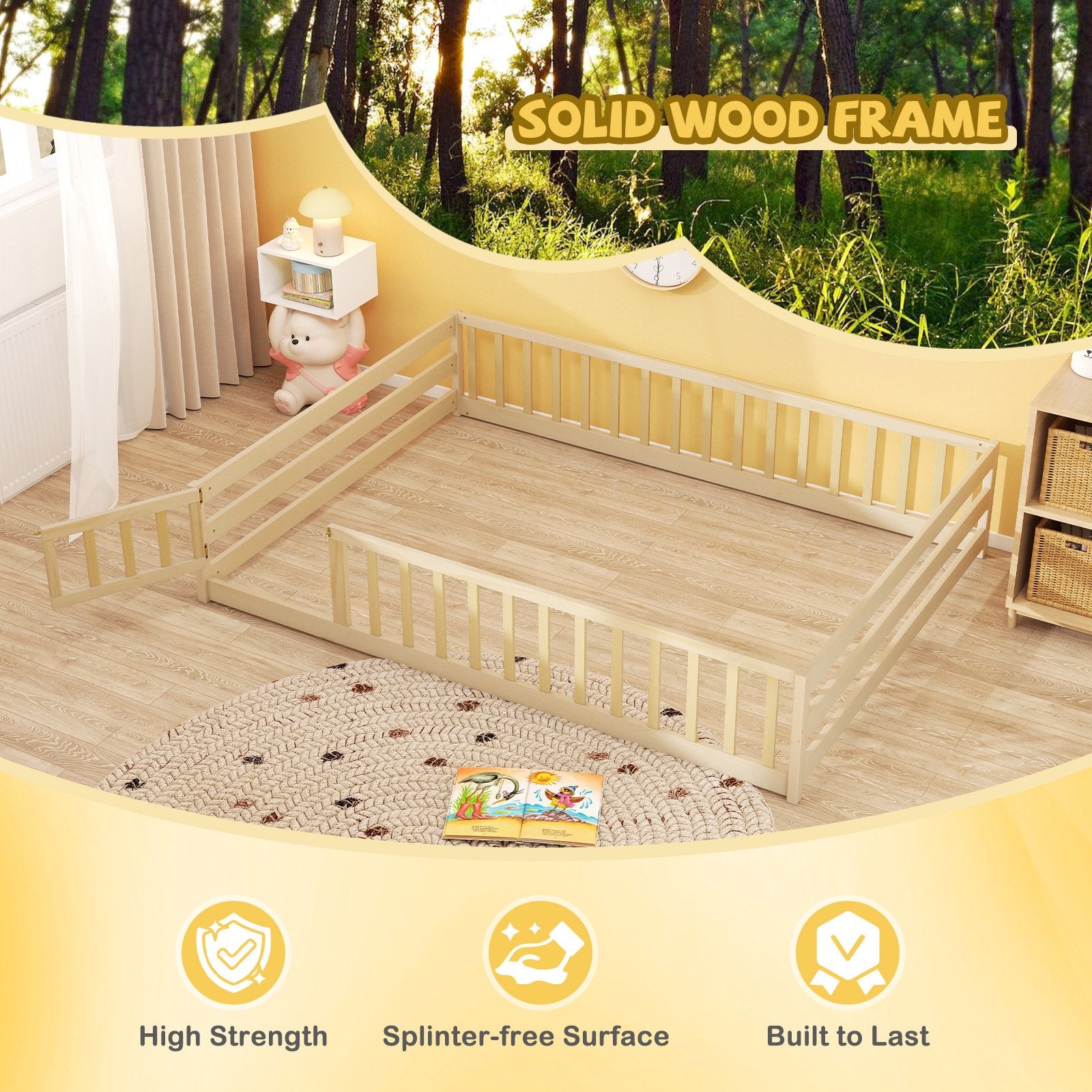 Full Size Floor Bed with Full Length Safety Guardrails, Natural Toddler Beds at Gallery Canada