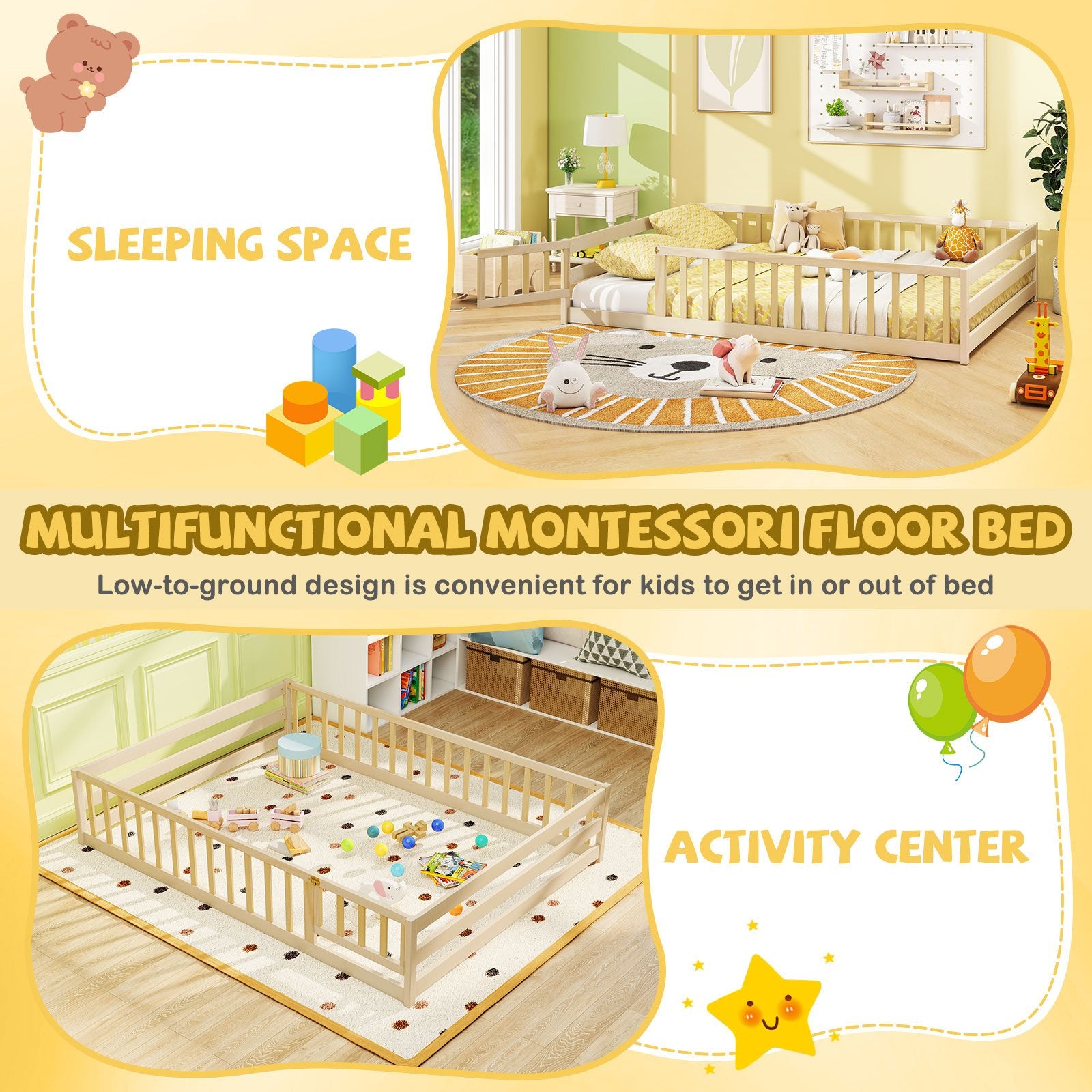 Full Size Floor Bed with Full Length Safety Guardrails, Natural Toddler Beds at Gallery Canada