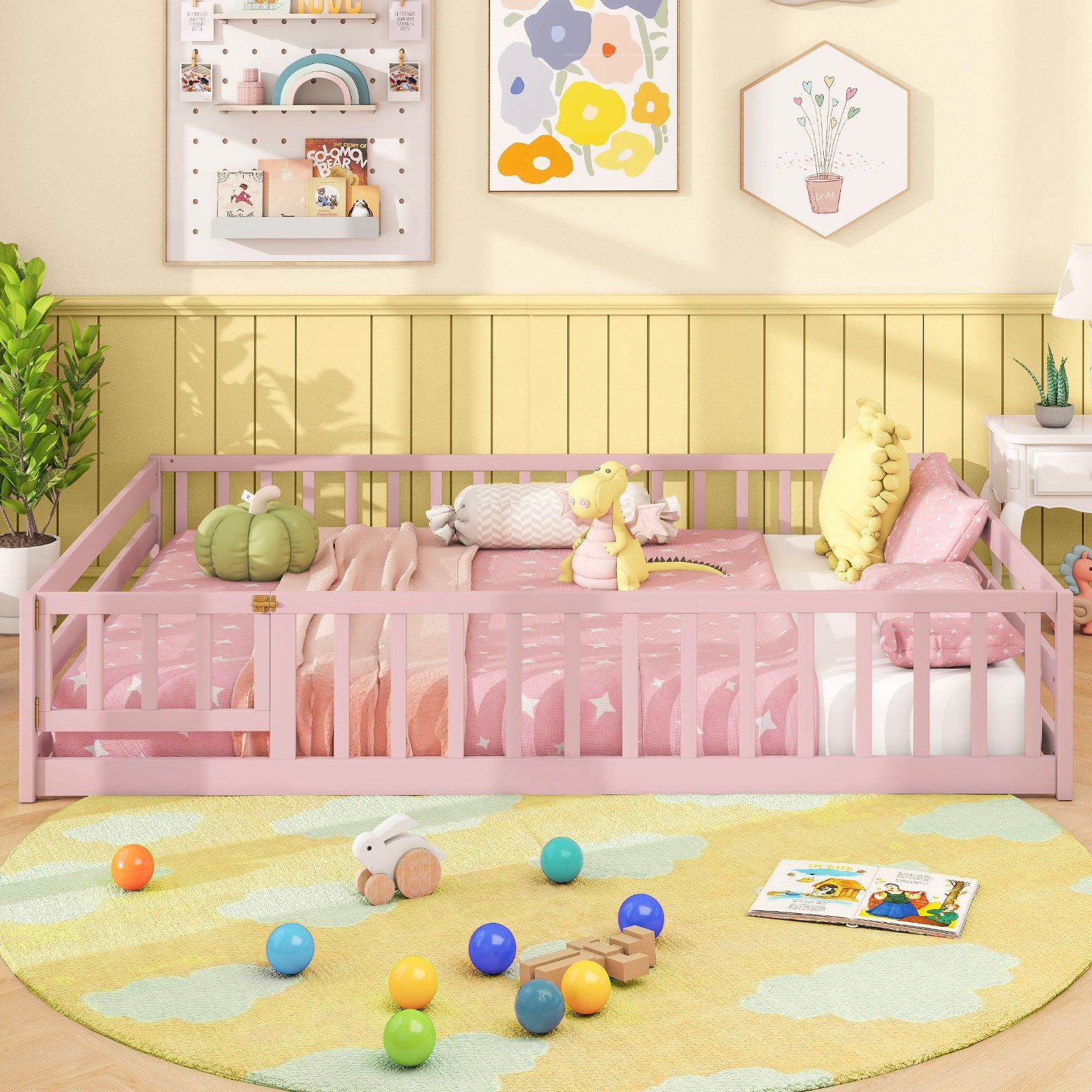 Full Size Floor Bed with Full Length Safety Guardrails, Pink Toddler Beds at Gallery Canada