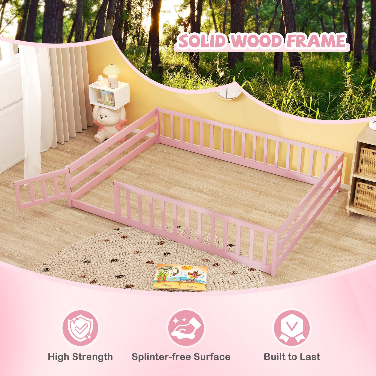 Full Size Floor Bed with Full Length Safety Guardrails, Pink Toddler Beds at Gallery Canada