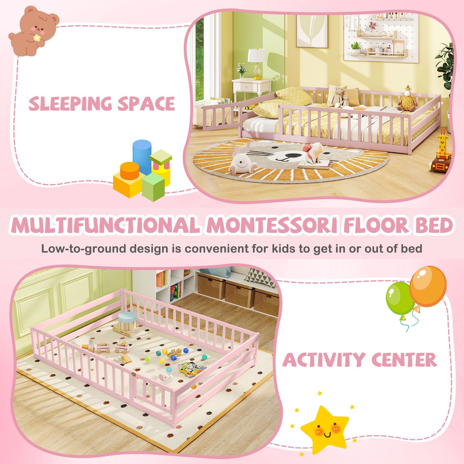 Full Size Floor Bed with Full Length Safety Guardrails, Pink Toddler Beds at Gallery Canada