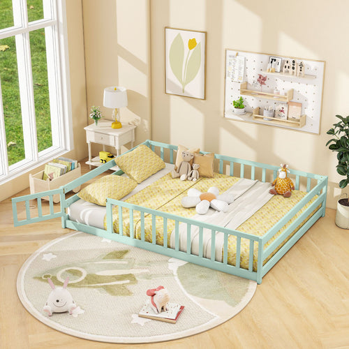 Full Size Floor Bed With Safety Guardrails, Light Green