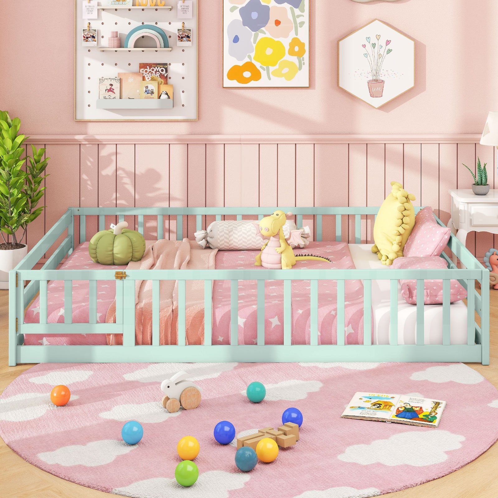 Full Size Floor Bed with Full Length Safety Guardrails, Light Green Toddler Beds at Gallery Canada