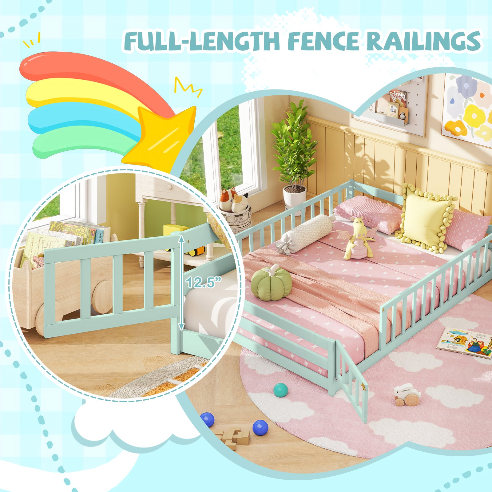 Full Size Floor Bed With Safety Guardrails, Light Green Toddler Beds at Gallery Canada