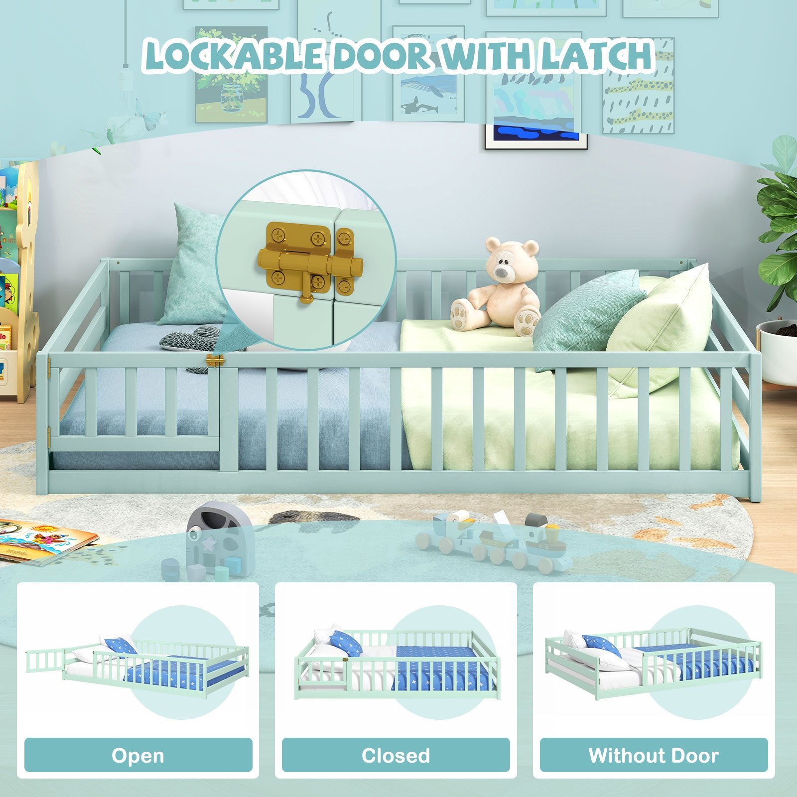 Full Size Floor Bed with Full Length Safety Guardrails, Light Green Toddler Beds at Gallery Canada