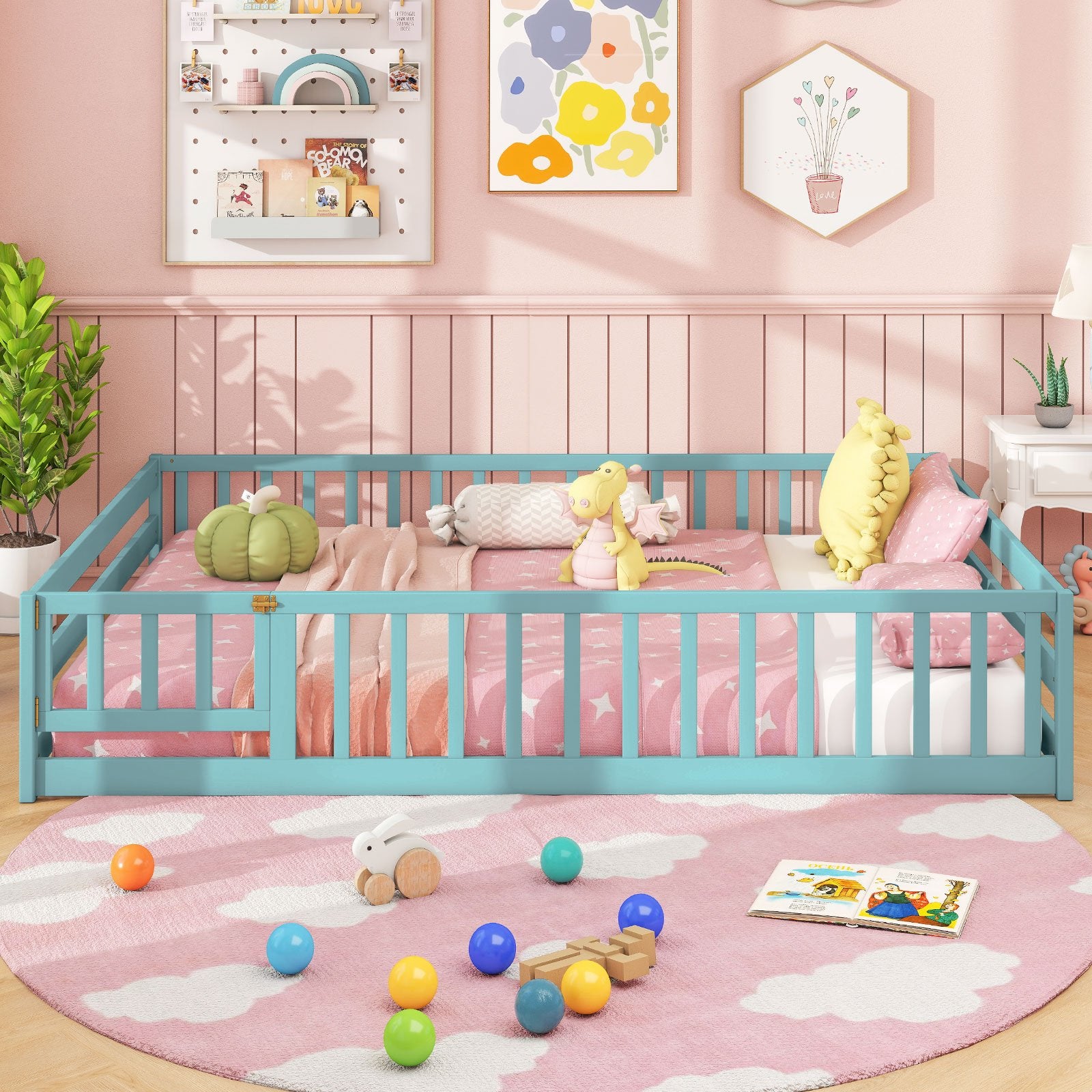 Full Size Floor Bed with Full Length Safety Guardrails, Dark Green Toddler Beds at Gallery Canada