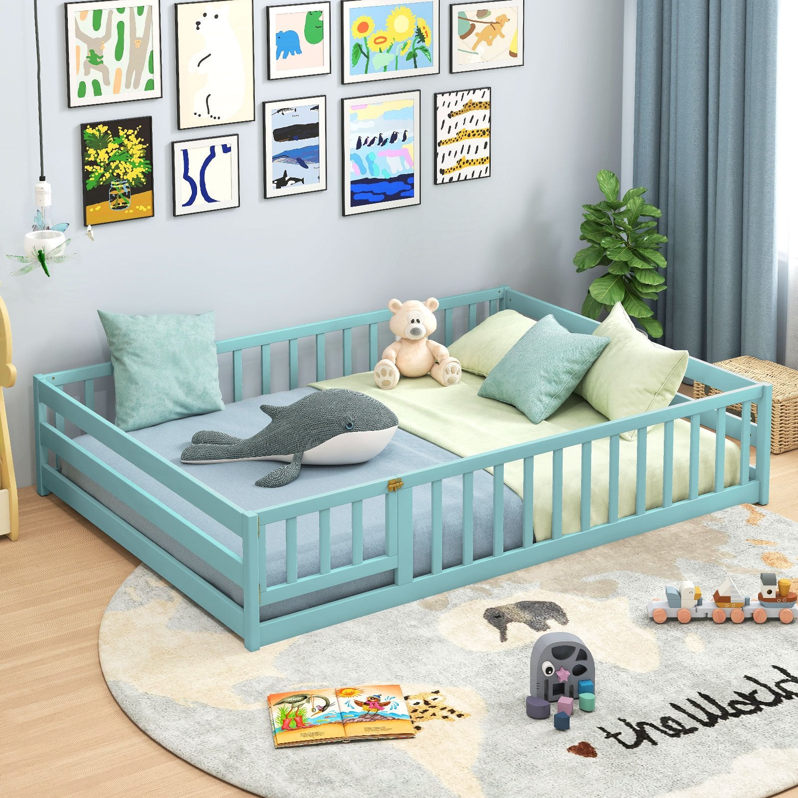 Full Size Floor Bed with Full Length Safety Guardrails, Dark Green Toddler Beds at Gallery Canada