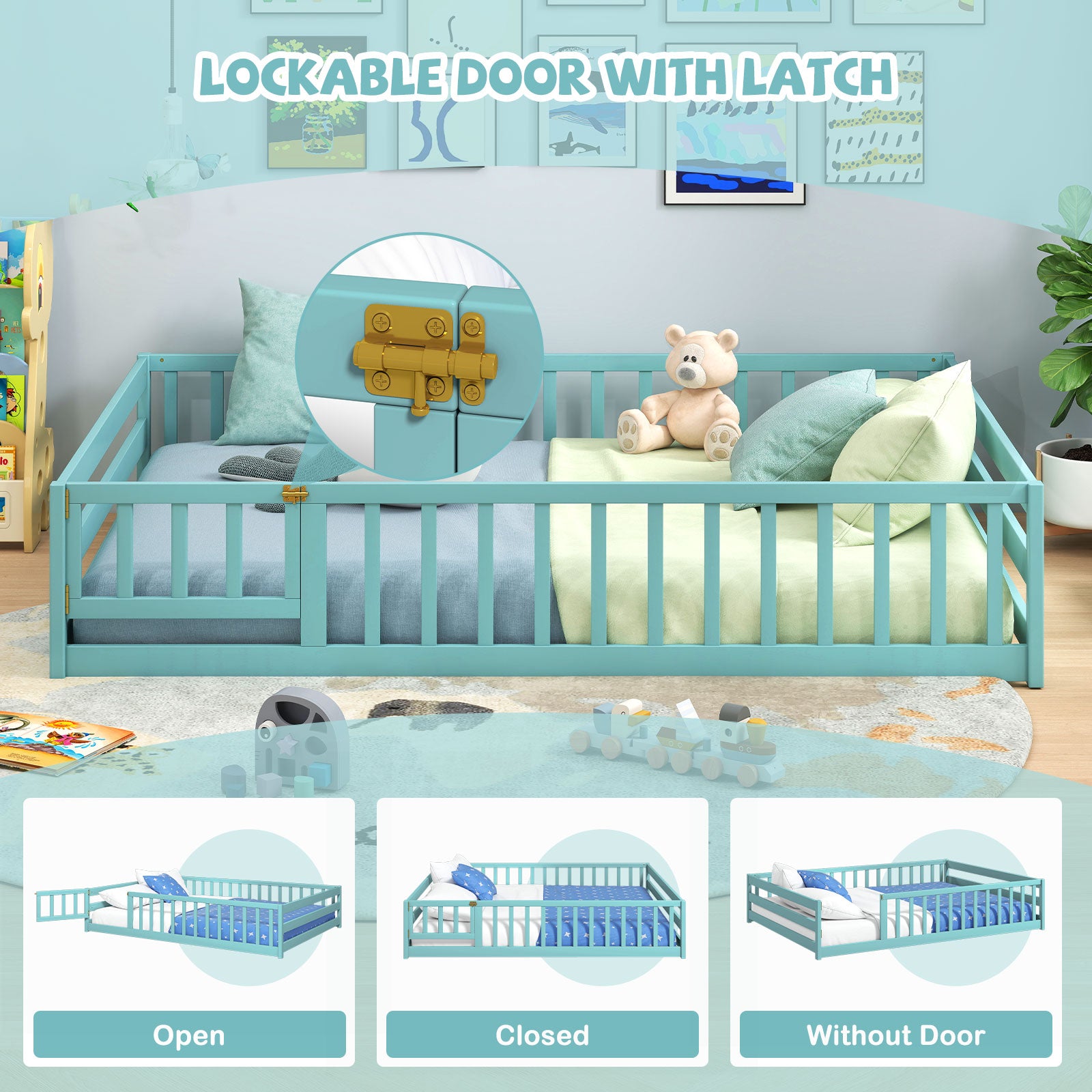 Full Size Floor Bed with Full Length Safety Guardrails, Dark Green Toddler Beds at Gallery Canada