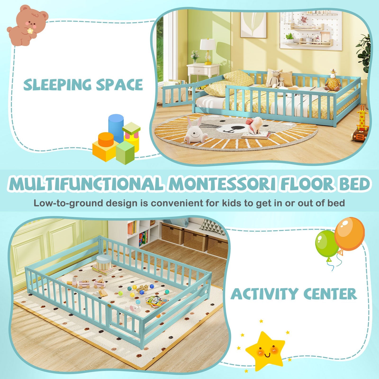 Full Size Floor Bed with Full Length Safety Guardrails, Dark Green Toddler Beds at Gallery Canada