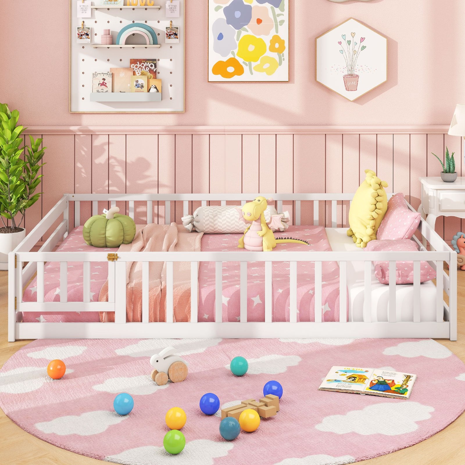 Full Size Floor Bed with Full Length Safety Guardrails, White Toddler Beds at Gallery Canada