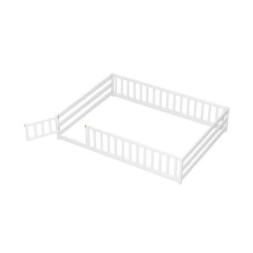 Full Size Floor Bed With Full Length Safety Guardrails, White