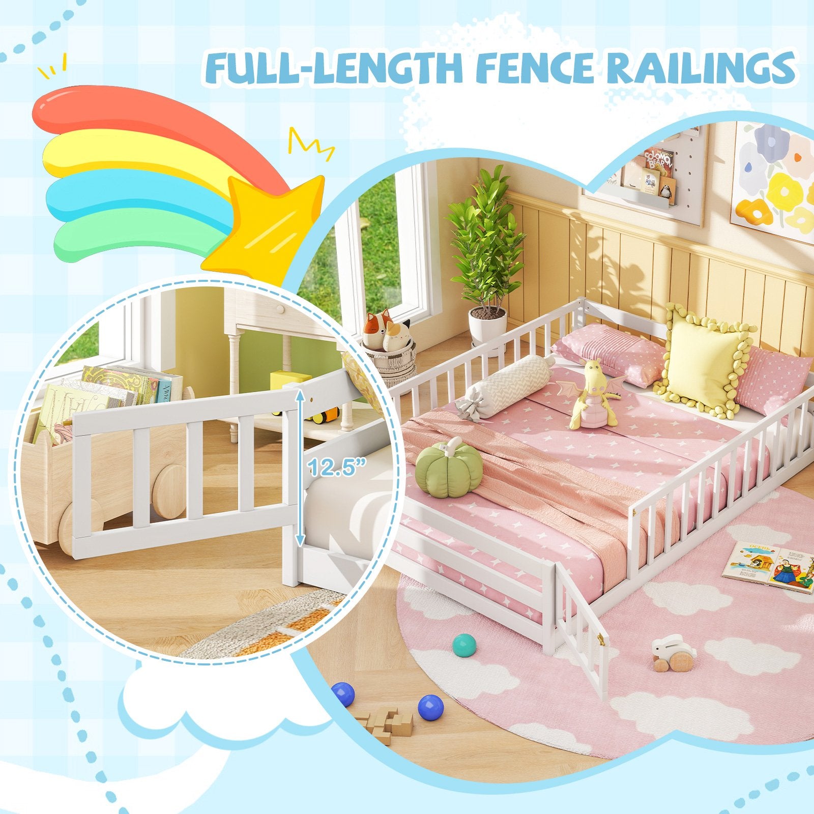 Full Size Floor Bed with Full Length Safety Guardrails, White Toddler Beds at Gallery Canada