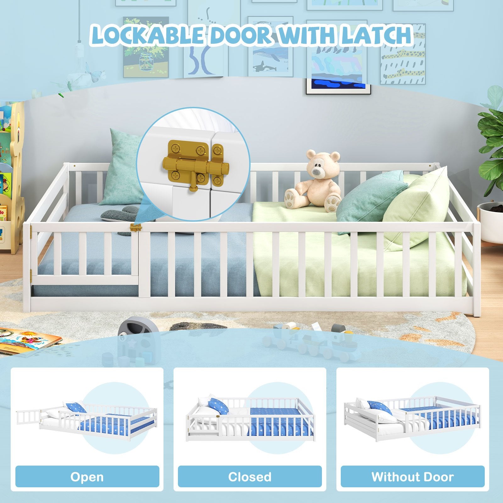 Full Size Floor Bed with Full Length Safety Guardrails, White Toddler Beds at Gallery Canada