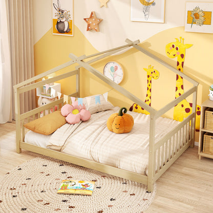 Full Size House Bed, Montessori Floor Bed With Headboard, Natural Simple Bed Frame at Gallery Canada