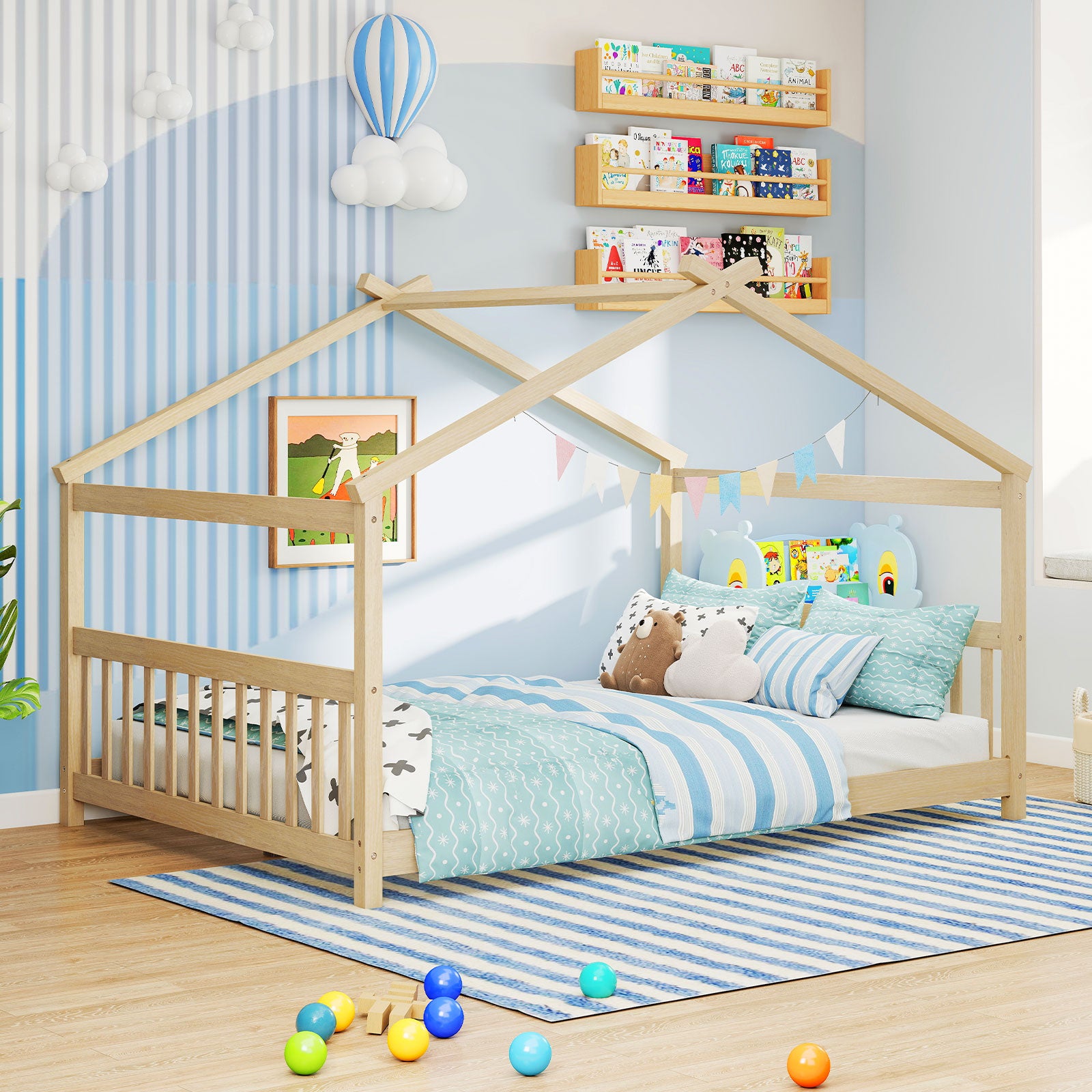 Full Size House Bed, Montessori Floor Bed With Headboard, Natural Simple Bed Frame at Gallery Canada