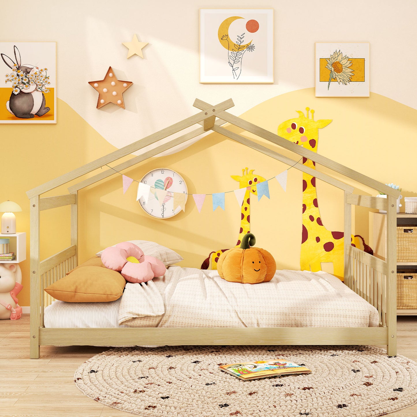 Full Size House Bed, Montessori Floor Bed With Headboard, Natural Simple Bed Frame at Gallery Canada