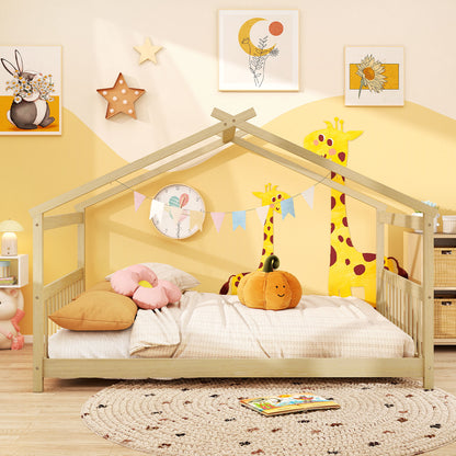 Full Size House Bed, Montessori Floor Bed With Headboard, Natural Simple Bed Frame at Gallery Canada