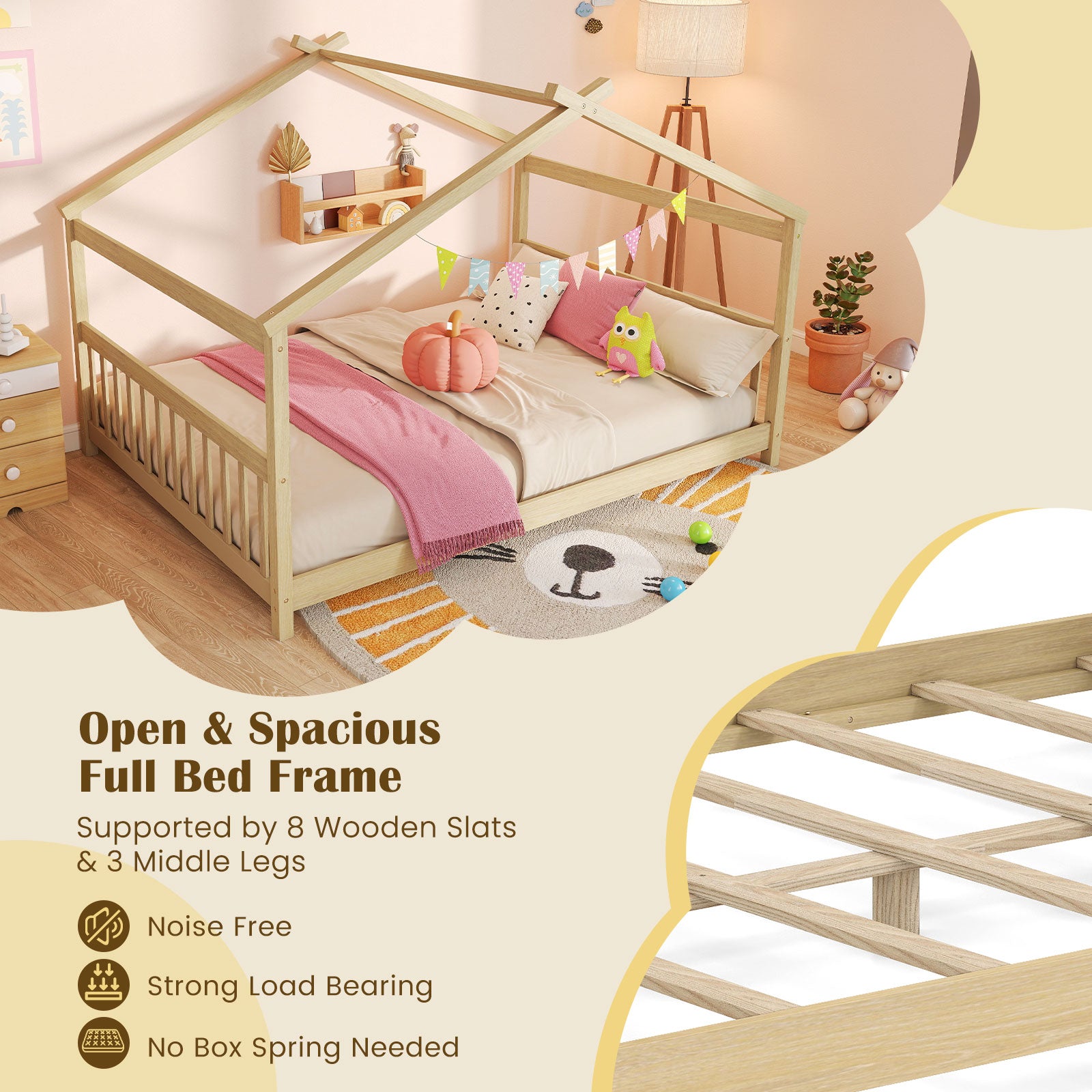 Full Size House Bed, Montessori Floor Bed With Headboard, Natural Simple Bed Frame at Gallery Canada