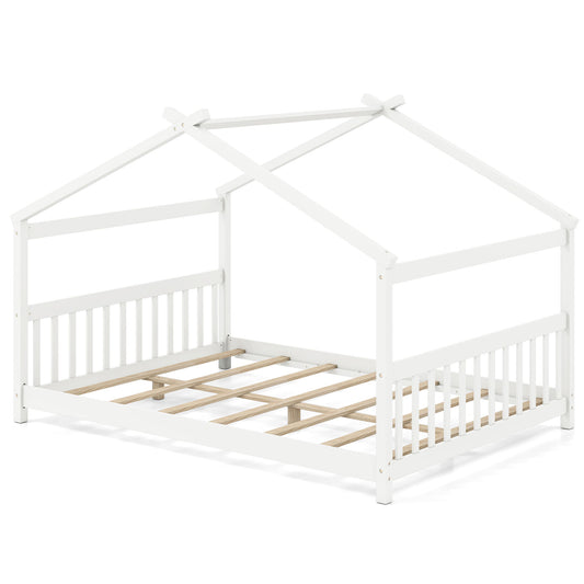 Full Size House Bed, Montessori Floor Bed With Headboard, White
