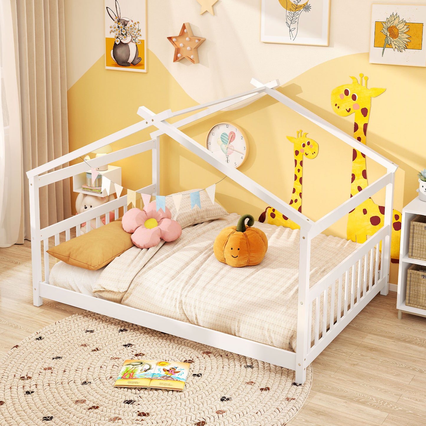 Full Size House Bed, Montessori Floor Bed With Headboard, White Simple Bed Frame at Gallery Canada