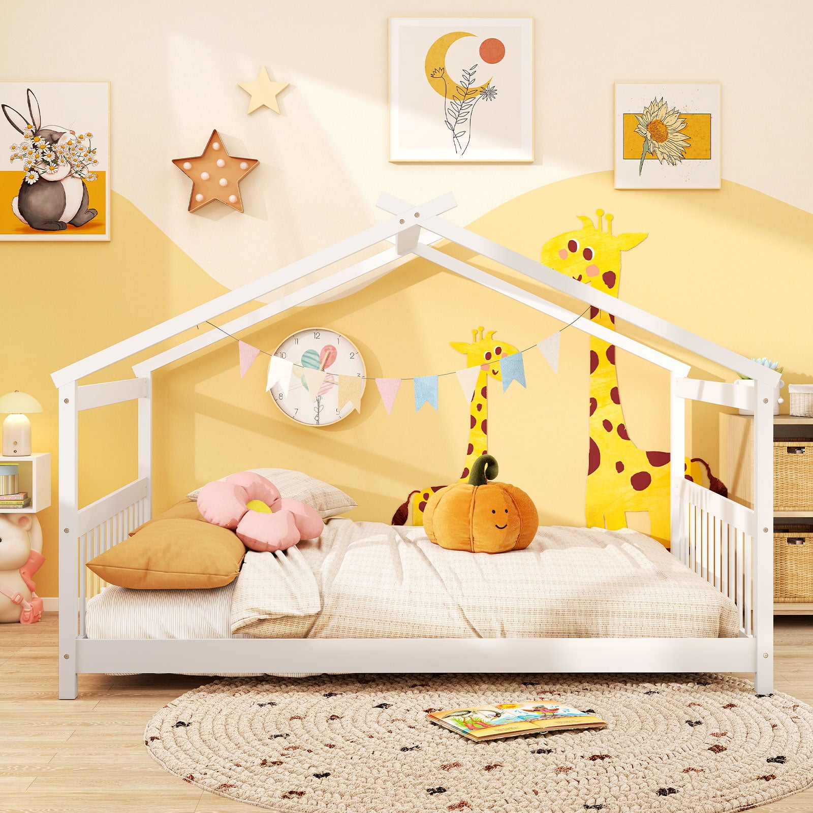 Full Size House Bed, Montessori Floor Bed With Headboard, White Simple Bed Frame at Gallery Canada