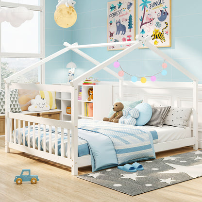 Full Size House Bed, Montessori Floor Bed With Headboard, White Simple Bed Frame at Gallery Canada