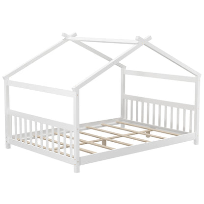 Full Size House Bed, Montessori Floor Bed With Headboard, White Simple Bed Frame at Gallery Canada