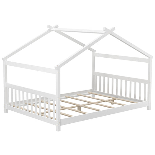 Full Size House Bed, Montessori Floor Bed With Headboard, White