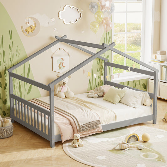 Full Size House Bed Montessori Floor Bed with Headboard, Gray Simple Bed Frame Gray at Gallery Canada