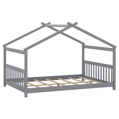 Full Size House Bed Montessori Floor Bed with Headboard, Gray Simple Bed Frame at Gallery Canada