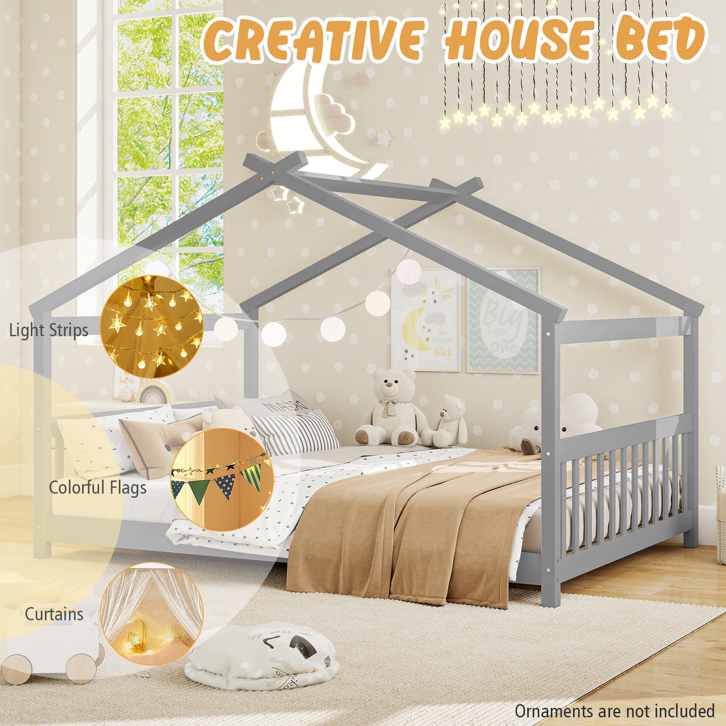 Full Size House Bed Montessori Floor Bed with Headboard, Gray Simple Bed Frame at Gallery Canada