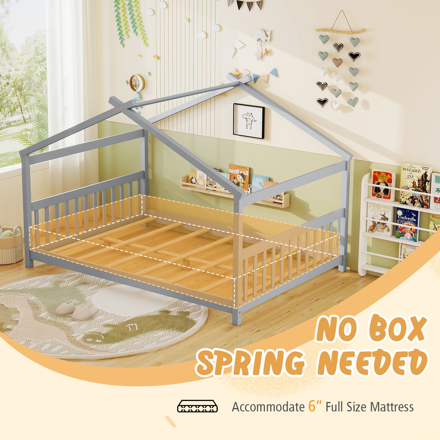 Full Size House Bed Montessori Floor Bed with Headboard, Gray Simple Bed Frame at Gallery Canada