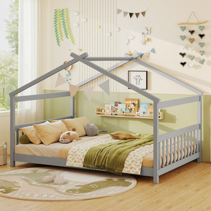 Full Size House Bed Montessori Floor Bed with Headboard, Gray Simple Bed Frame at Gallery Canada