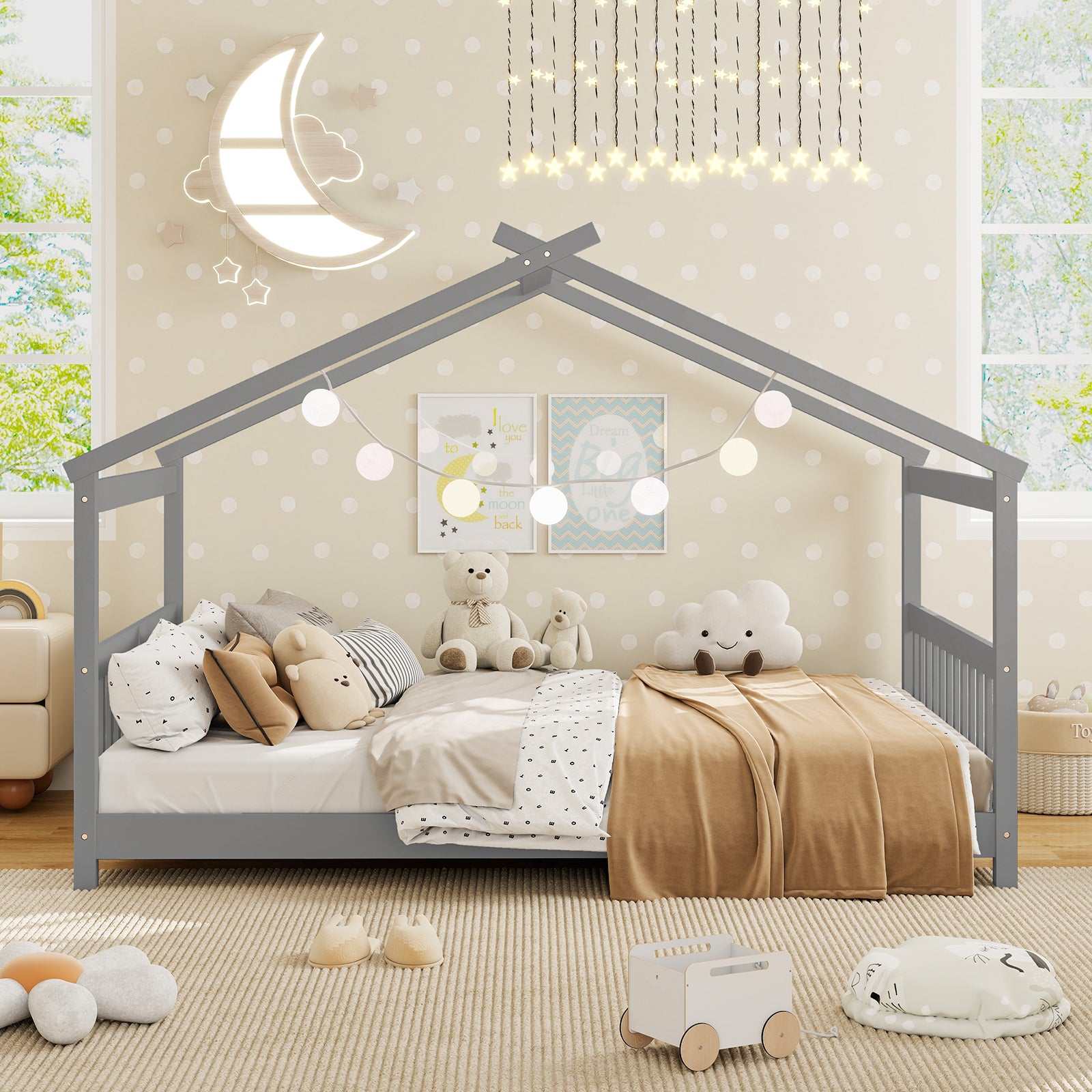 Full Size House Bed Montessori Floor Bed with Headboard, Gray Simple Bed Frame at Gallery Canada