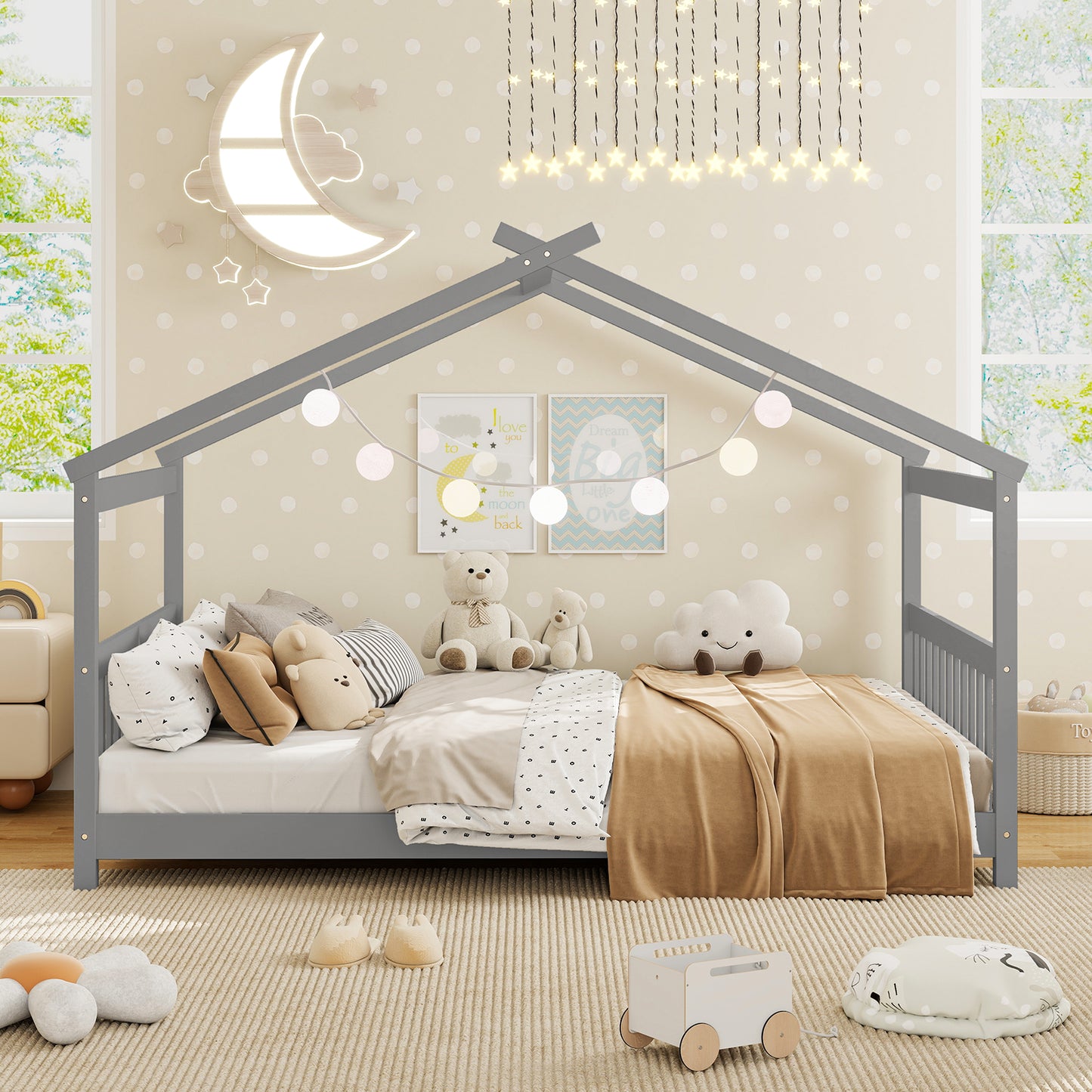 Full Size House Bed Montessori Floor Bed with Headboard, Gray Simple Bed Frame at Gallery Canada