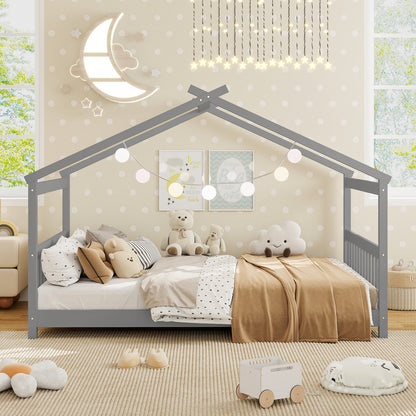 Full Size House Bed Montessori Floor Bed with Headboard, Gray Simple Bed Frame at Gallery Canada