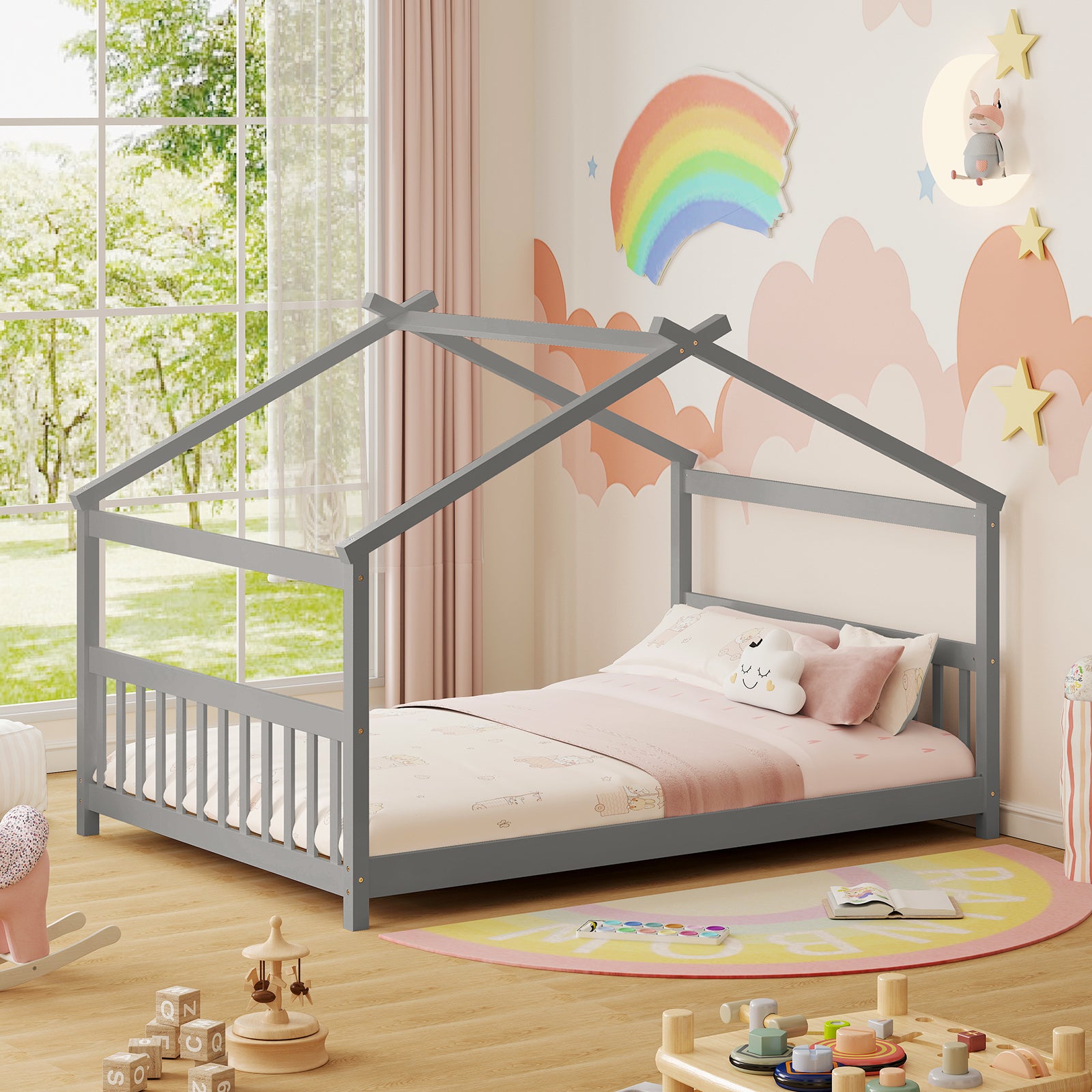 Full Size House Bed Montessori Floor Bed with Headboard, Gray Simple Bed Frame at Gallery Canada