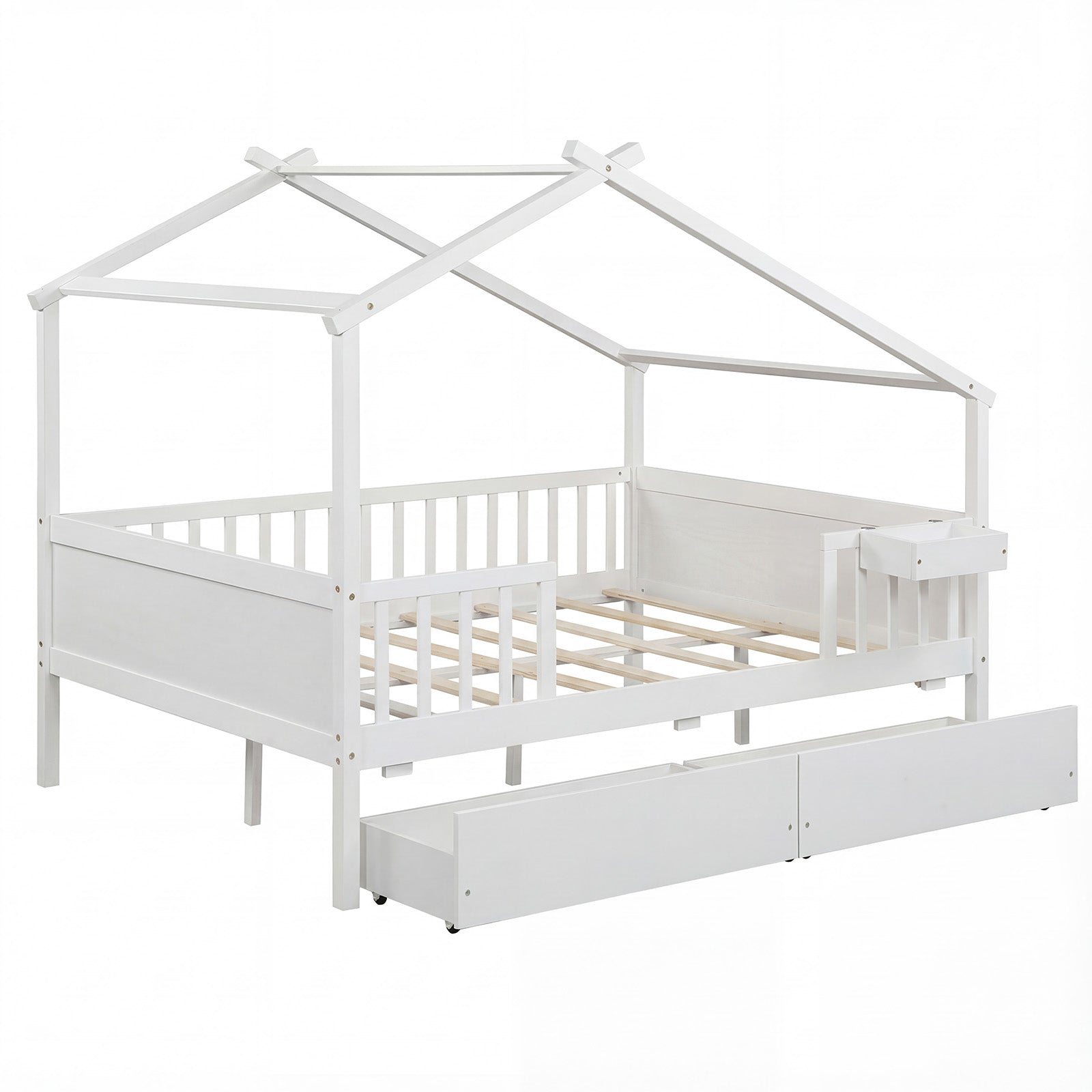 Full Size House Bed with Roof and Fence Rails for Kid, White Simple Bed Frame White at Gallery Canada