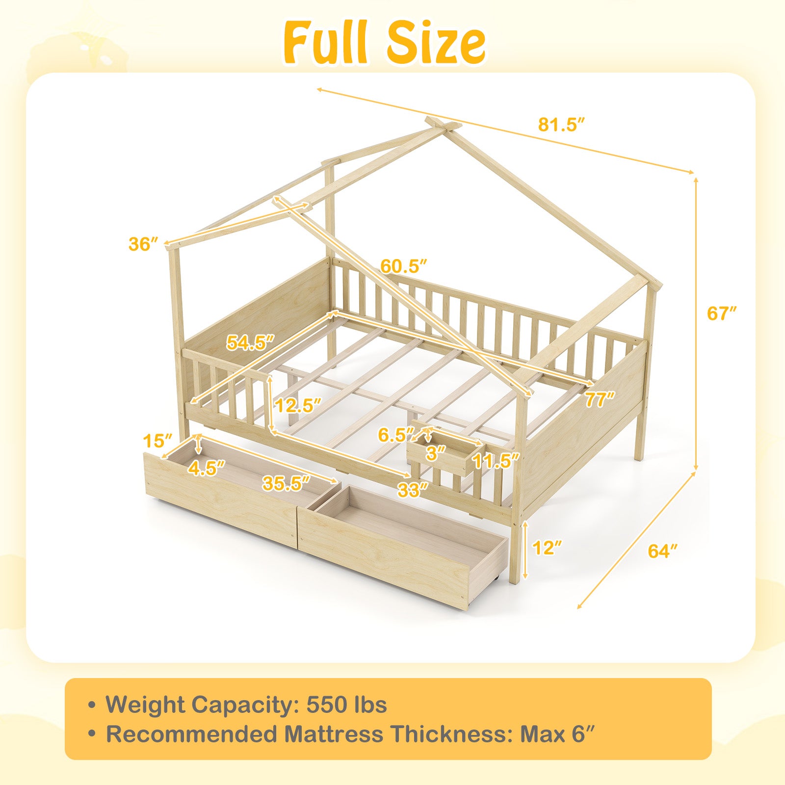 Full Size House Bed with Roof and Fence Rails for Kid, Natural Simple Bed Frame at Gallery Canada