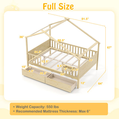 Full Size House Bed with Roof and Fence Rails for Kid, Natural Simple Bed Frame at Gallery Canada
