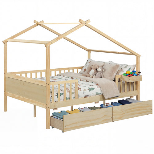 Full Size House Bed with Roof and Fence Rails for Kid, Natural