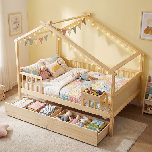 Full Size House Bed with Roof and Fence Rails for Kid, Natural Simple Bed Frame Natural at Gallery Canada