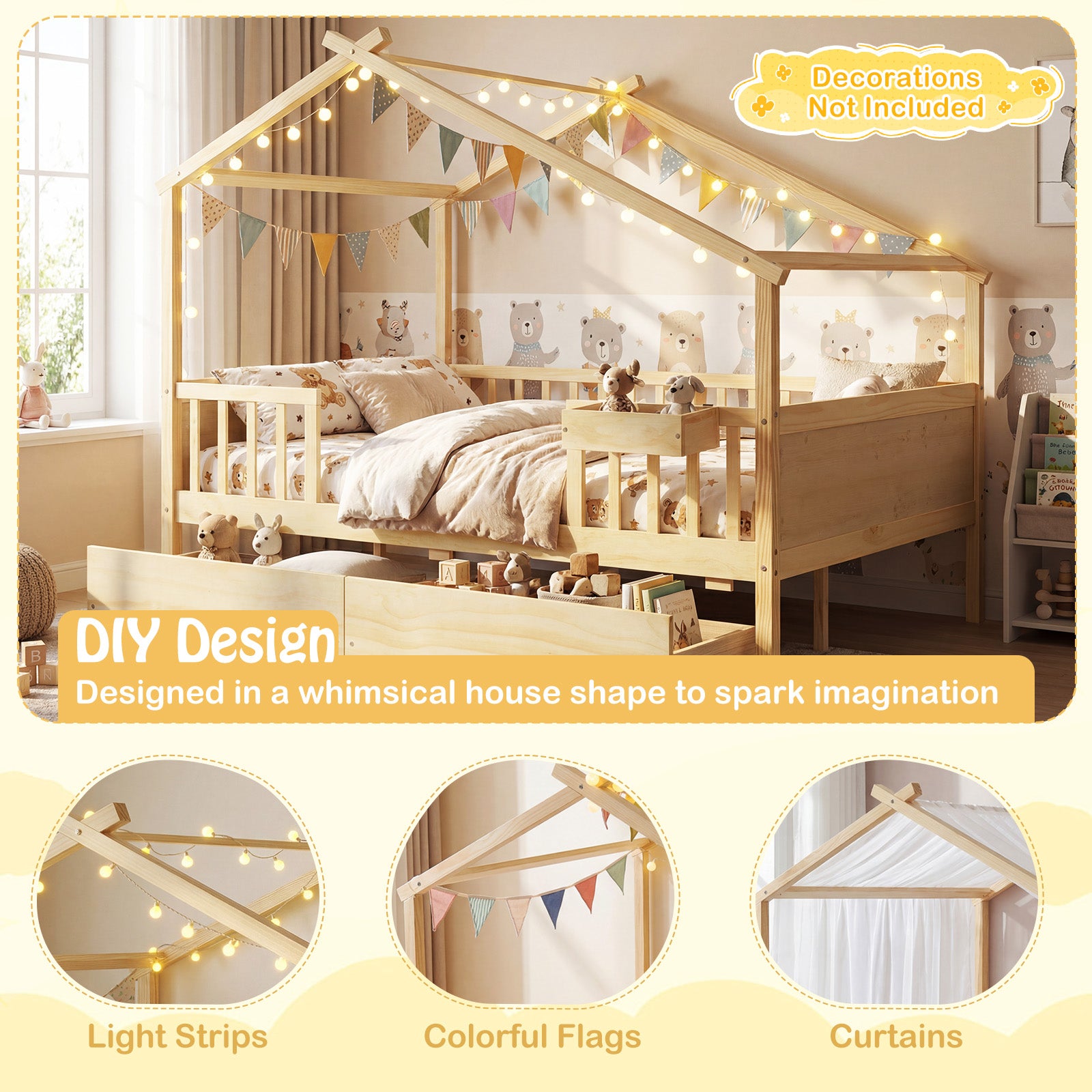 Full Size House Bed with Roof and Fence Rails for Kid, Natural Simple Bed Frame at Gallery Canada