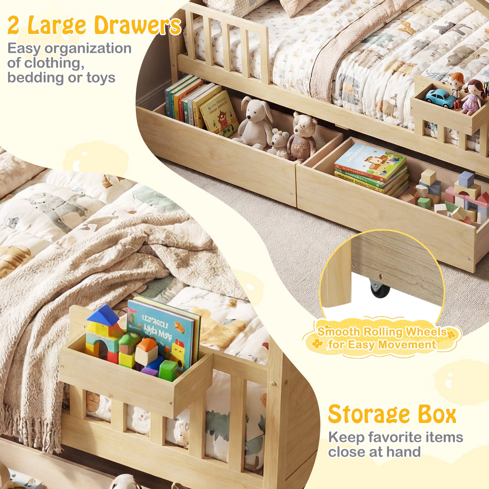 Full Size House Bed with Roof and Fence Rails for Kid, Natural Simple Bed Frame at Gallery Canada