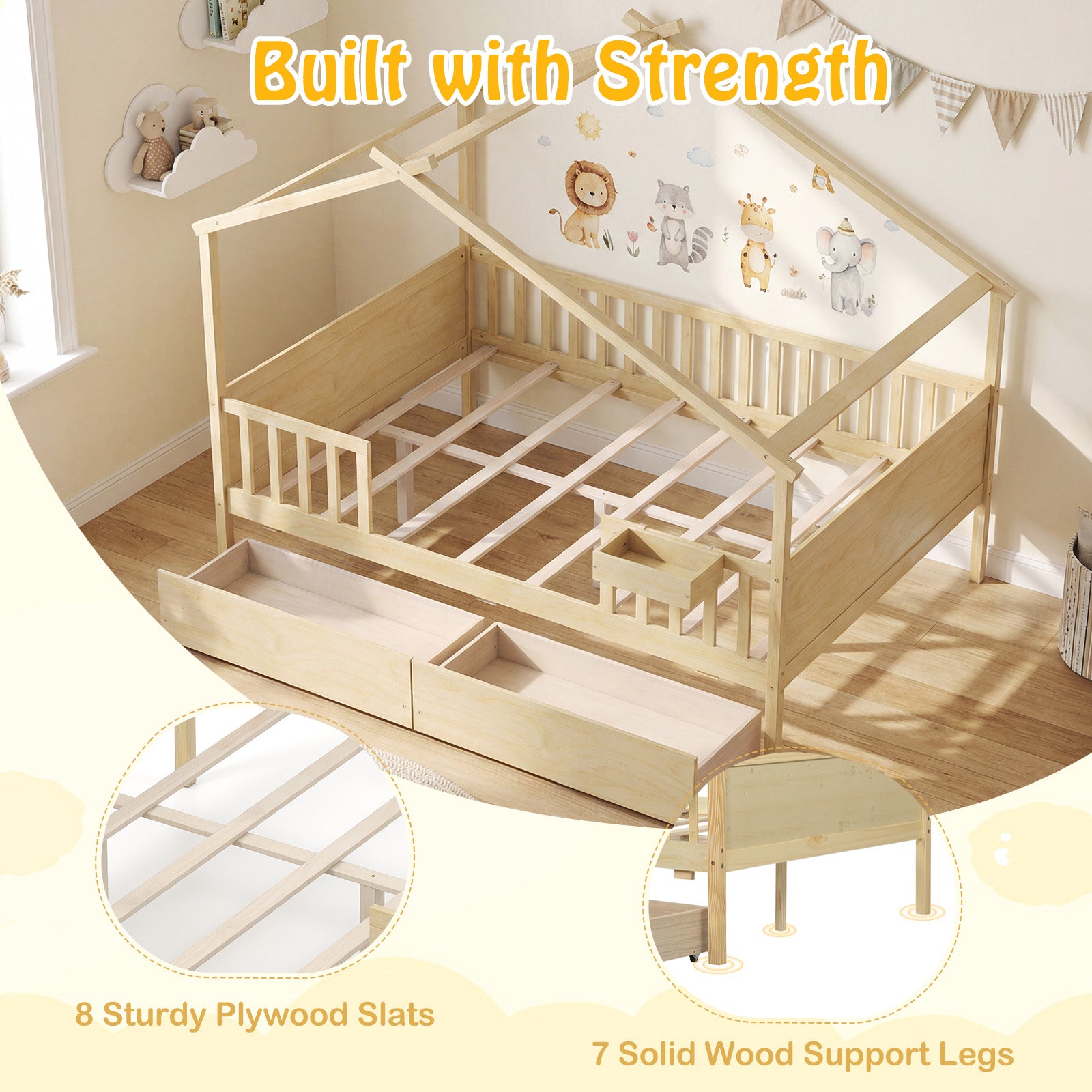 Full Size House Bed with Roof and Fence Rails for Kid, Natural Simple Bed Frame at Gallery Canada